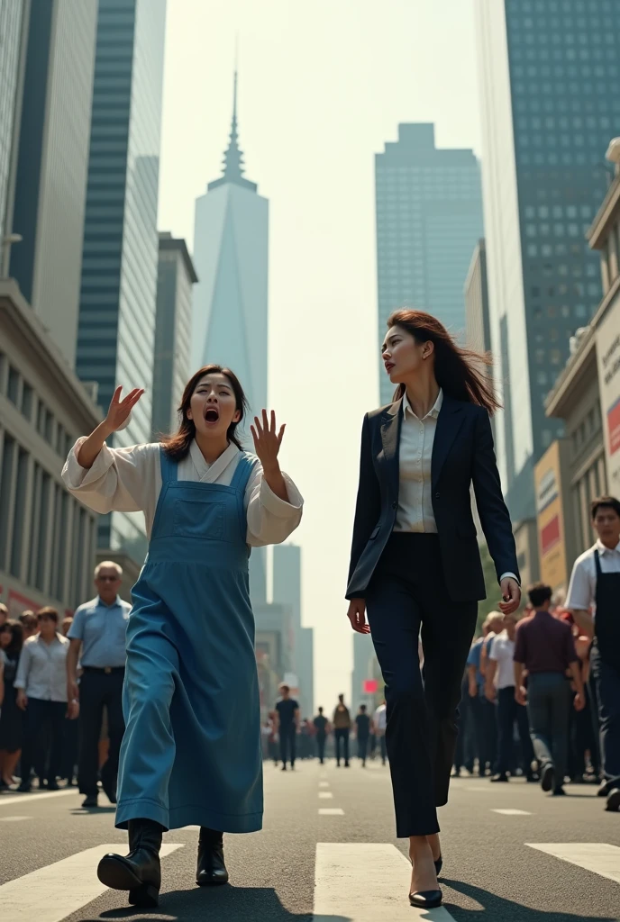 A female Korean worker shouts at a company on strike in the middle of the city. A woman walks briskly in office attire