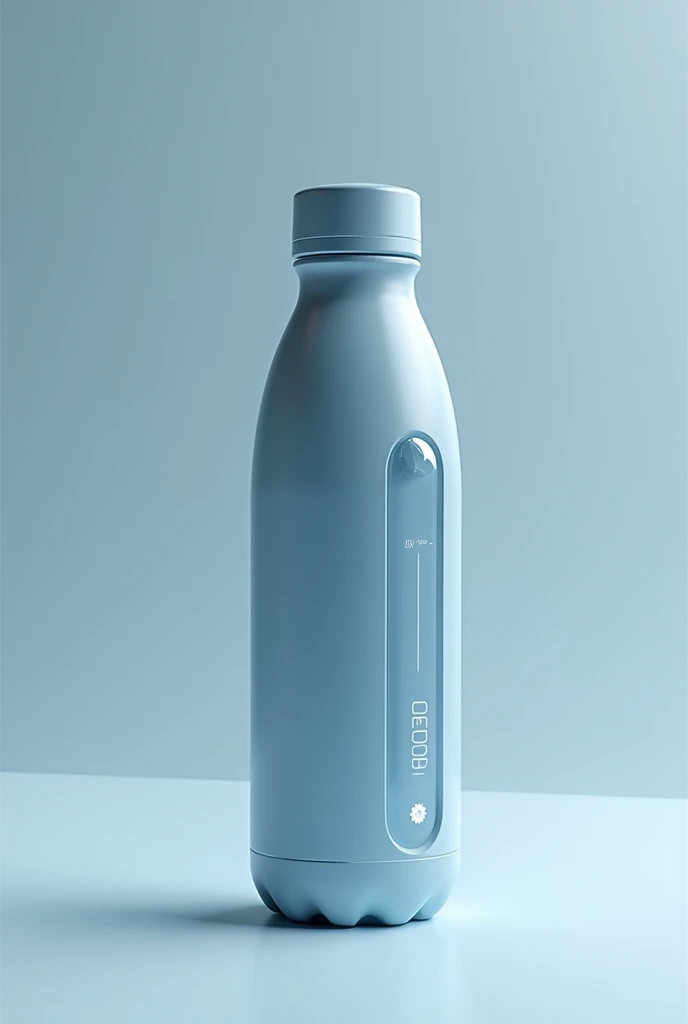 A sleek, modern bottle with a minimalistic design. The body of the bottle is semi-transparent. The bottle has a small digital display on the side that shows real-time data like hydration goals, water temperature, and a battery indicator. The cap could have a built-in sensor that tracks how much water has been consumed, with a subtle touchscreen interface. With visible clear designed logo of water droplet in white and blue color with gear inside.