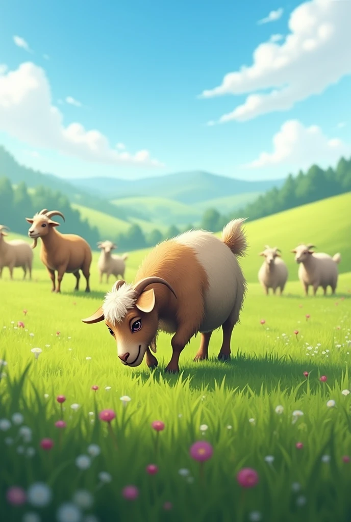 A goat is eating grass in the middle of a field during the day with several other goats. 