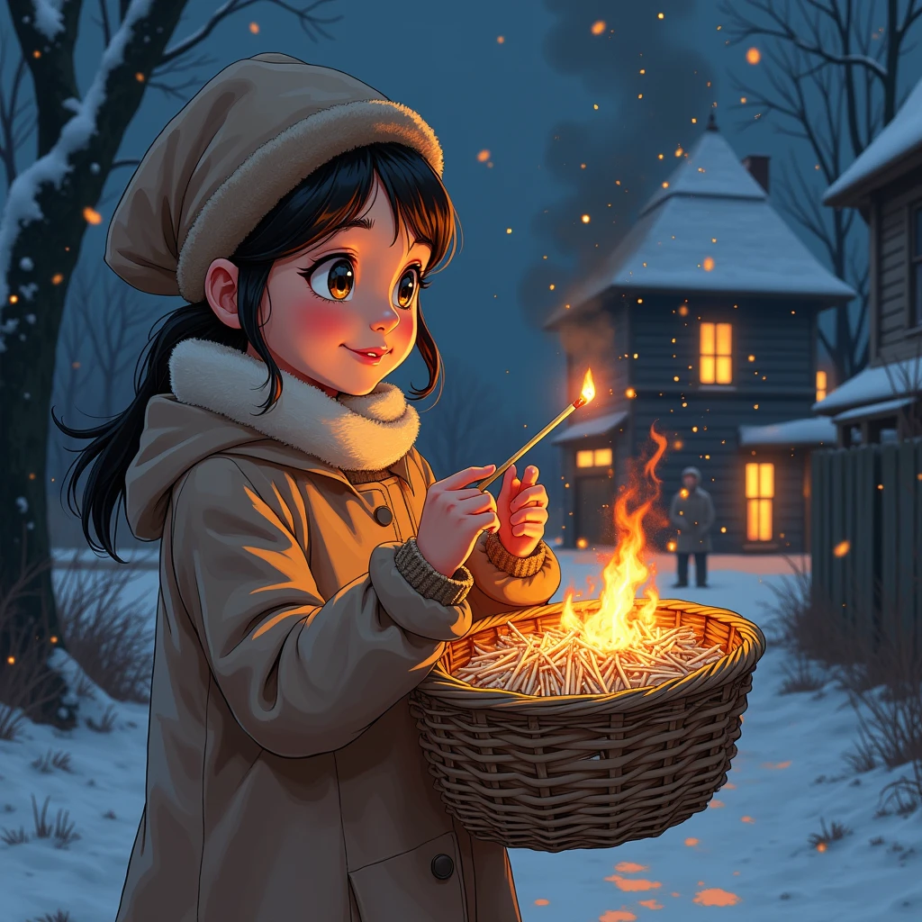 Bold brushstrokes, anime style illustration, midsummer night, crazy fun, movie lighting, 19th century, European winter night, burning house, the little match girl watching, she lights a match with a satisfied smile, she is wearing a coat and holding a basket of matchboxes in her arms.