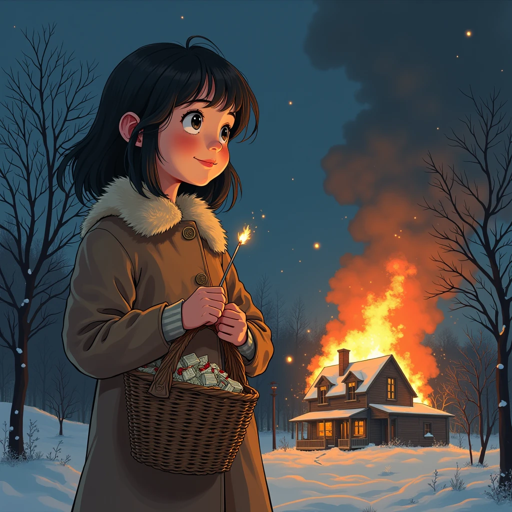 Bold brushstrokes, anime style illustration, midsummer night, crazy fun, movie lighting, 19th century, European winter night, burning house, the little match girl watching, she lights a match with a satisfied smile, she is wearing a coat and holding a basket of matchboxes in her arms.