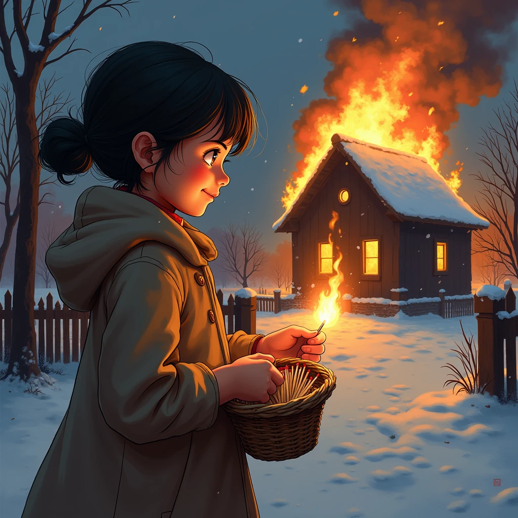 Bold brushstrokes, anime style illustration, midsummer night, crazy fun, movie lighting, 19th century, European winter night, burning house, the little match girl watching, she lights a match with a satisfied smile, she is wearing a coat and holding a basket of matchboxes in her arms.