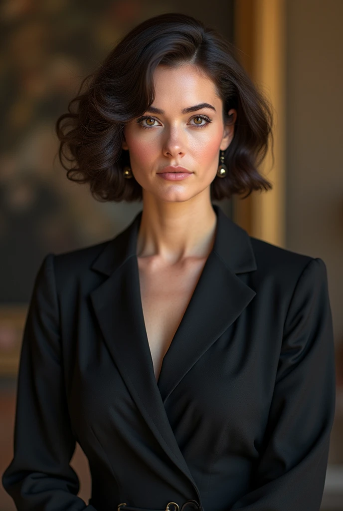 Miss,Princess of a European royal family,modern,#1: Short Curly Brunette Hair,Brown eyes,Serious,Princess Diana,Medium-sized,Suit skirt,Conservative clothing,plump