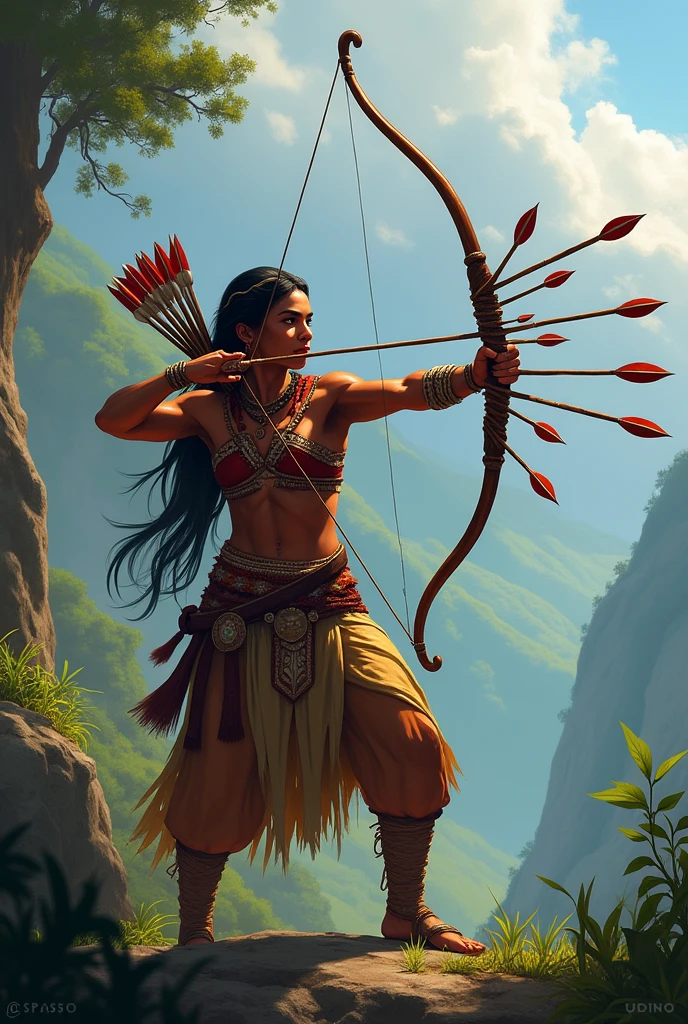 Fassa an indigenous person aiming 7 arrows with the bow