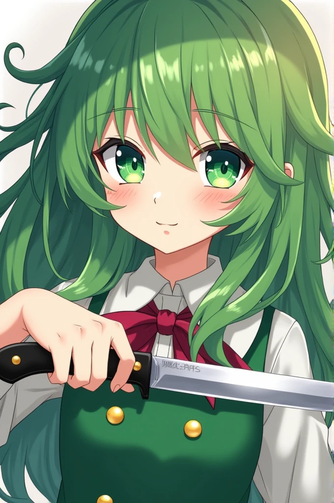 anime girl with green hair and green eyes holding a knife, shirabii, anime moe artstyle, mikudayo, anime girl with teal hair, from touhou, top rated on pixiv, , touhou character, anime monster girl, onmyoji, art style of rune factory 5, pixiv, pixiv style, miku