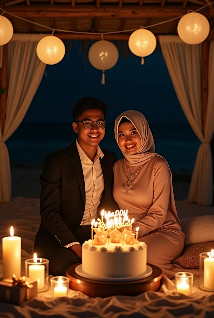 Portrait of young Indonesian man wearing suit and young Indonesian woman wearing hijab gamis,sitting holding a birthday cake in a gazebo on the beach,face pose in front of the camera,and on the birthday cake there is the writing happy birthday and the number 29,there is a gift,balloon,at night there are lanterns