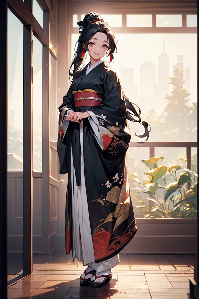 ((((High resolution, Intricate details, masterpiece, 8k)))), (((beautiful, kimono))), ((One Woman, full body, Are standing)), (Black Hair, Long Hair, ponytail, slender), from front, looking at viewer, look at viewer, Red cheeks, smile, Inside the room, noon, bright,
