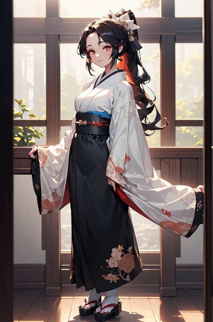 ((((High resolution, Intricate details, masterpiece, 8k)))), (((beautiful, kimono))), ((One Woman, full body, Are standing)), (Black Hair, Long Hair, ponytail, slender), from front, looking at viewer, look at viewer, Red cheeks, smile, Inside the room, noon, bright,