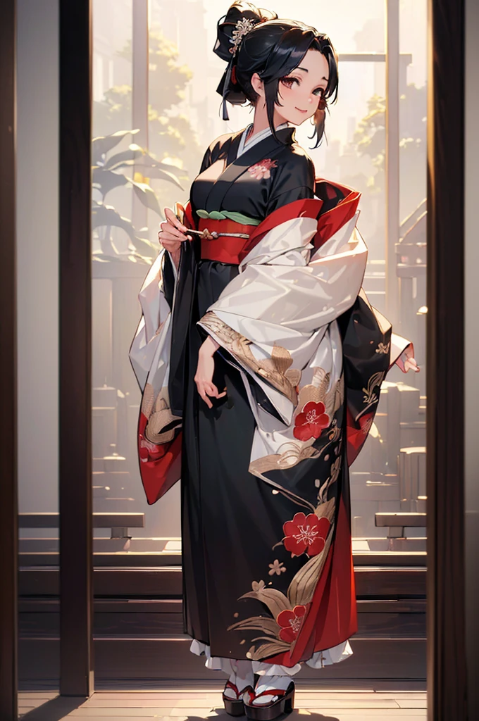 ((((High resolution, Intricate details, masterpiece, 8k)))), (((beautiful, kimono))), ((One Woman, full body, Are standing)), (Black Hair, Long Hair, ponytail, slender), from front, looking at viewer, look at viewer, Red cheeks, smile, Inside the room, noon, bright,