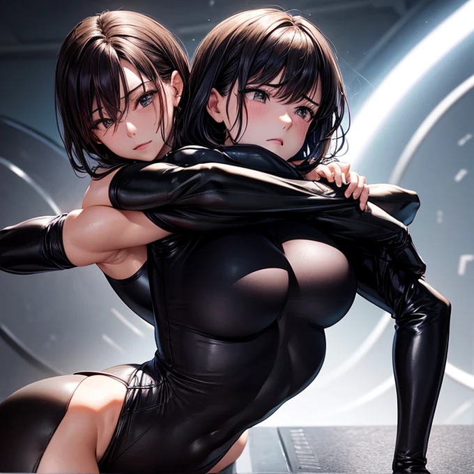 Wearing a tight fitting black bodysuit、A woman applying a chokehold to ther woman