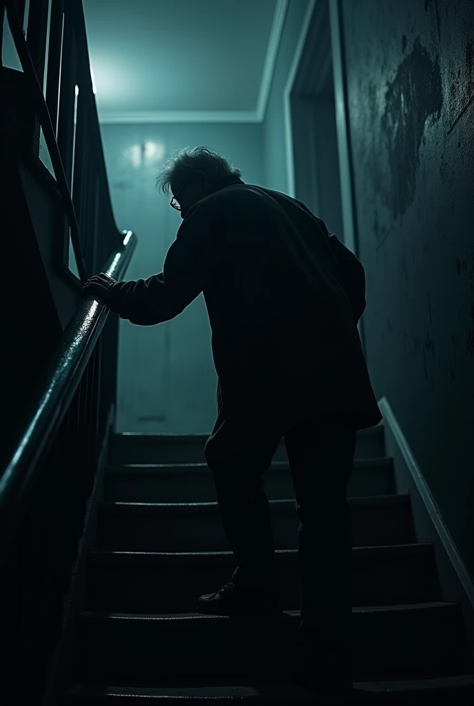 Elderly person descending a dark staircase at night. The image should convey the sense of vulnerability and risk, with shadows and low light highlighting the potential danger of a fall. The scene should focus on the careful movement of the elderly person, emphasizing the need for better lighting solutions