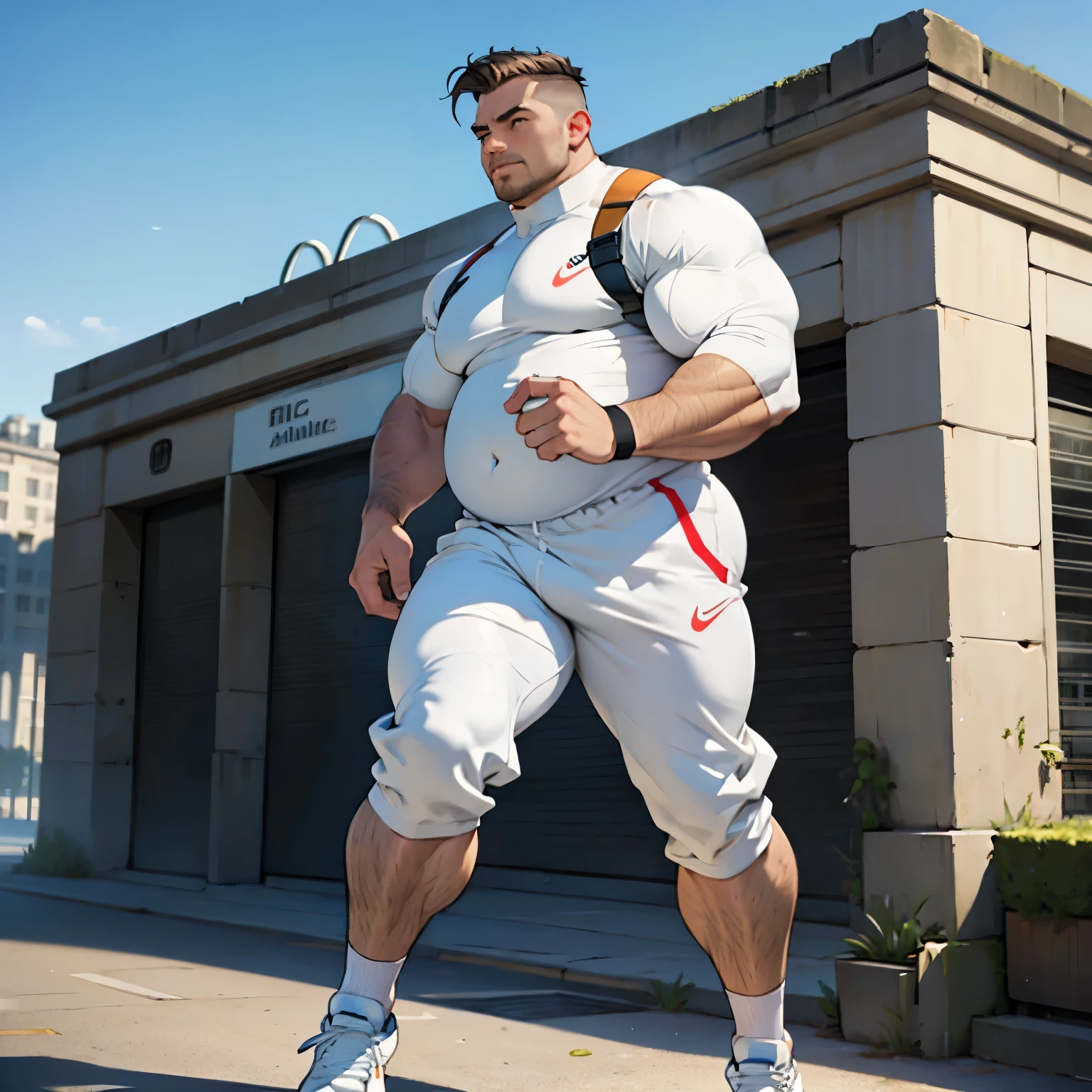 full view full body, Massive young white over-muscular over-inflated and over-bloated bodybuilder male Toby Richards with light-brown undercut haircut, running alone in Regent Park, London, in white Nike air max trainers and white socks, white lycra short jumpsuit