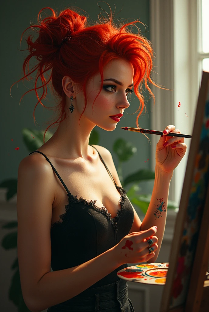 Une femme rousse sexy est concentrée sur une toile, plongée dans l'acte de peindre avec une passion évidente. Elle se tient debout ou légèrement penchée devant son chevalet, une palette de couleurs vives dans une main et un pinceau fin dans l'autre. Ses cheveux, peut-être attachés en un chignon désordonné ou lâchés, sont parsemés de quelques mèches rebelles, témoignant de son immersion totale dans son art. Des taches de peinture ornent ses doigts, et peut-être même une légère trace sur son visage ou ses vêtements, ajoutant une touche de spontanéité et de charme à la scène.
