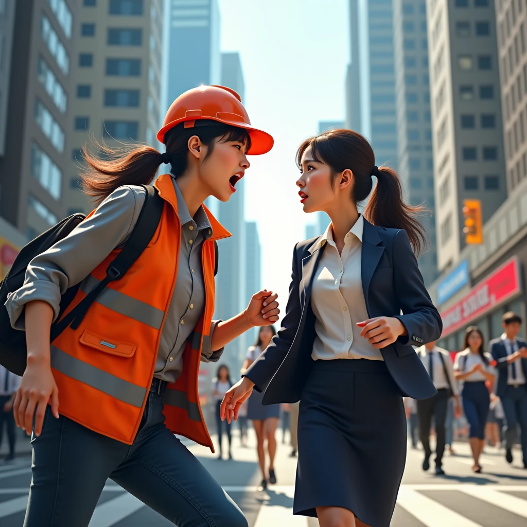 A female Korean worker shouts at a company on strike in the middle of the city. A woman walks briskly in office attire