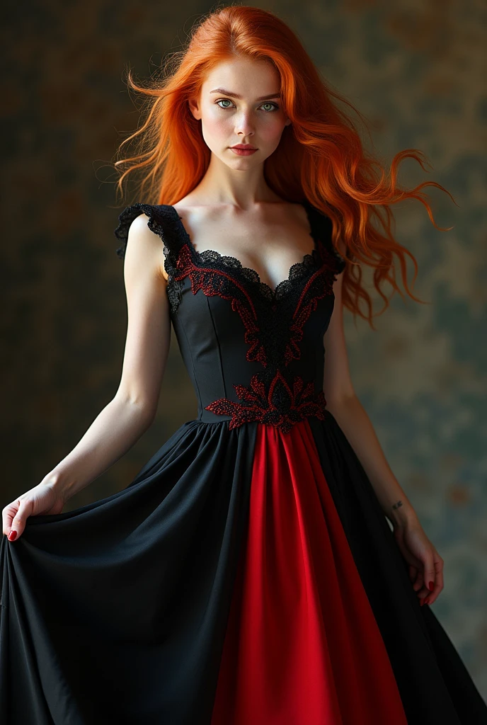 Redhead girl in long black and red dress full body ,more than one position