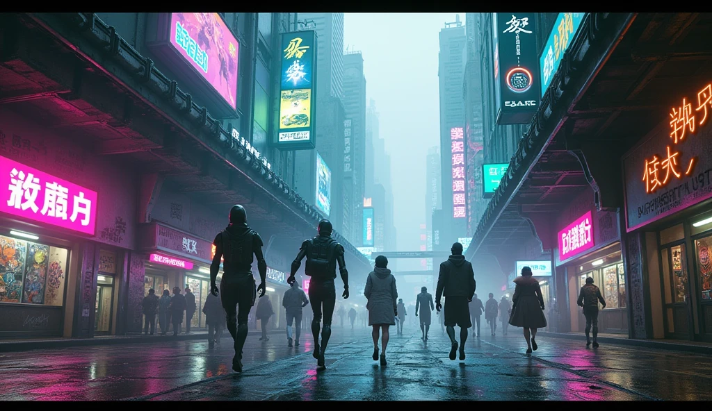 Imagine a futuristic cyberpunk urban environment, full of scratches of metal and glass that rise towards the hazy sky. The streets are flooded with neon lights in shades of blue, purple and green, creating a web of vibrant lights that reflect off puddles and wet surfaces. Colorful holograms and illuminated advertisements float above the sidewalks, interspersed with graffiti and tagging that add a touch of rebellion to the scene. Robots and humans rush past, blending into the urban chaos. Elevated bridges and skyways connect the buildings, and the deep shadows created by the neon lighting accentuate the feeling of a dense, oppressive world. The atmosphere is charged with a subtle mist, blending advanced technology with a decadent twist