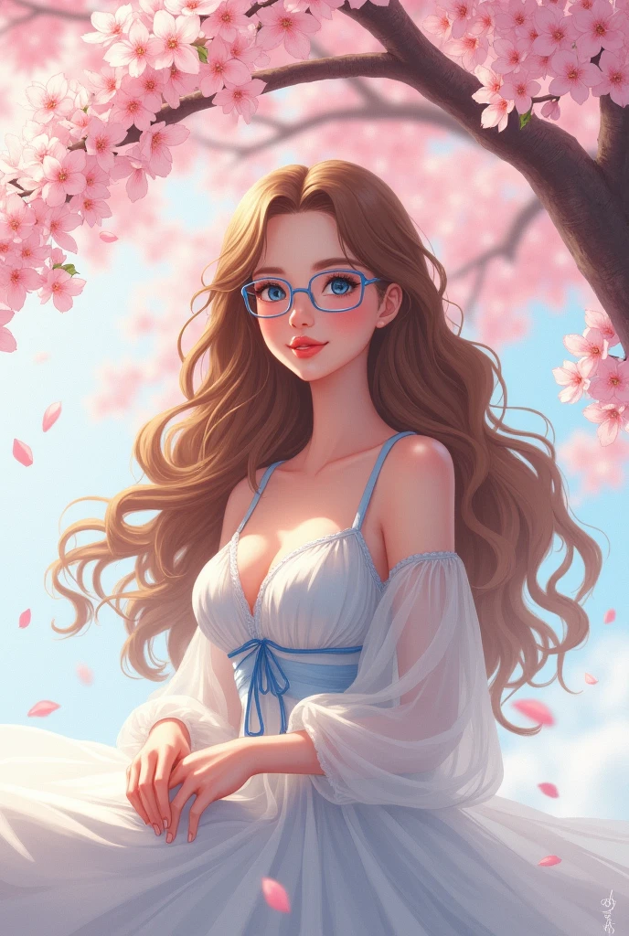 1 lady only, /(White dress with light blue details/), /(Light brown hair, very long and big curls/) high grade round glasses, blush slightly smile, dark blue eyes (masterpiece best quality:1.2) ultra-detailed delicate illustration, big breasts BREAK /(Under a cherry tree/)