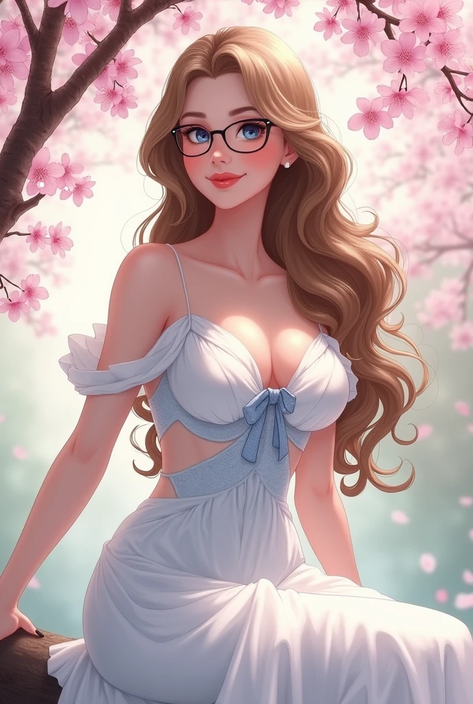 1 lady only, /(White dress with light blue details/), /(Light brown hair, very long and big curls/) high grade round glasses, blush slightly smile, dark blue eyes (masterpiece best quality:1.2) ultra-detailed delicate illustration, big breasts BREAK /(Under a cherry tree/)