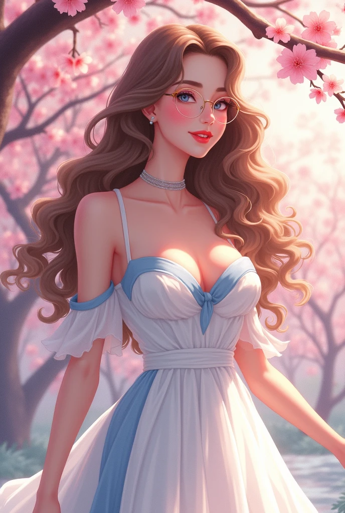 1 lady only, /(White dress with light blue details/), /(Light brown hair, very long and big curls/) high grade round glasses, blush slightly smile, dark blue eyes (masterpiece best quality:1.2) ultra-detailed delicate illustration, big breasts BREAK /(Under a cherry tree/)