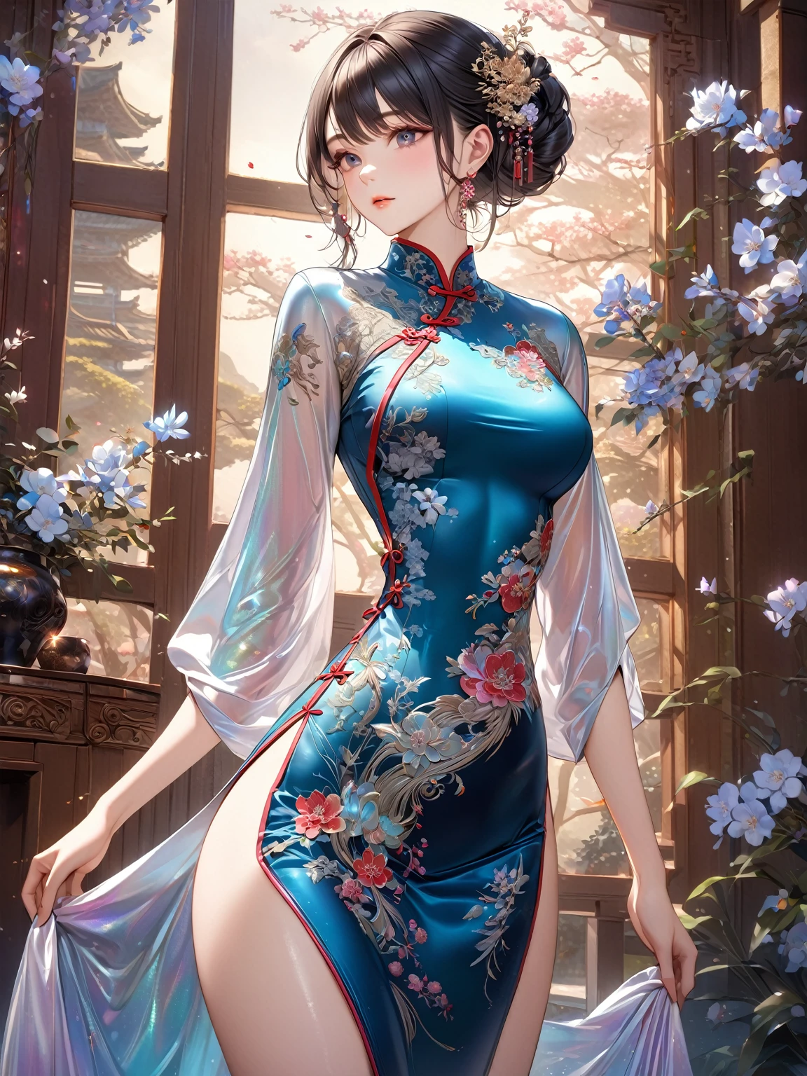 best quality, incredibly absurdres, extremely detailed, 2.5D, delicate and dynamic, beautiful woman, intelligent cool beauty, captivating look, tight up hair, wearing iridescent gradient sleeved cheongsam features intricate and luxurious embroidery, shiny satin fabric, accessories, superlative body proportion, gorgeous and gorgeous effects, background aristocratic social setting