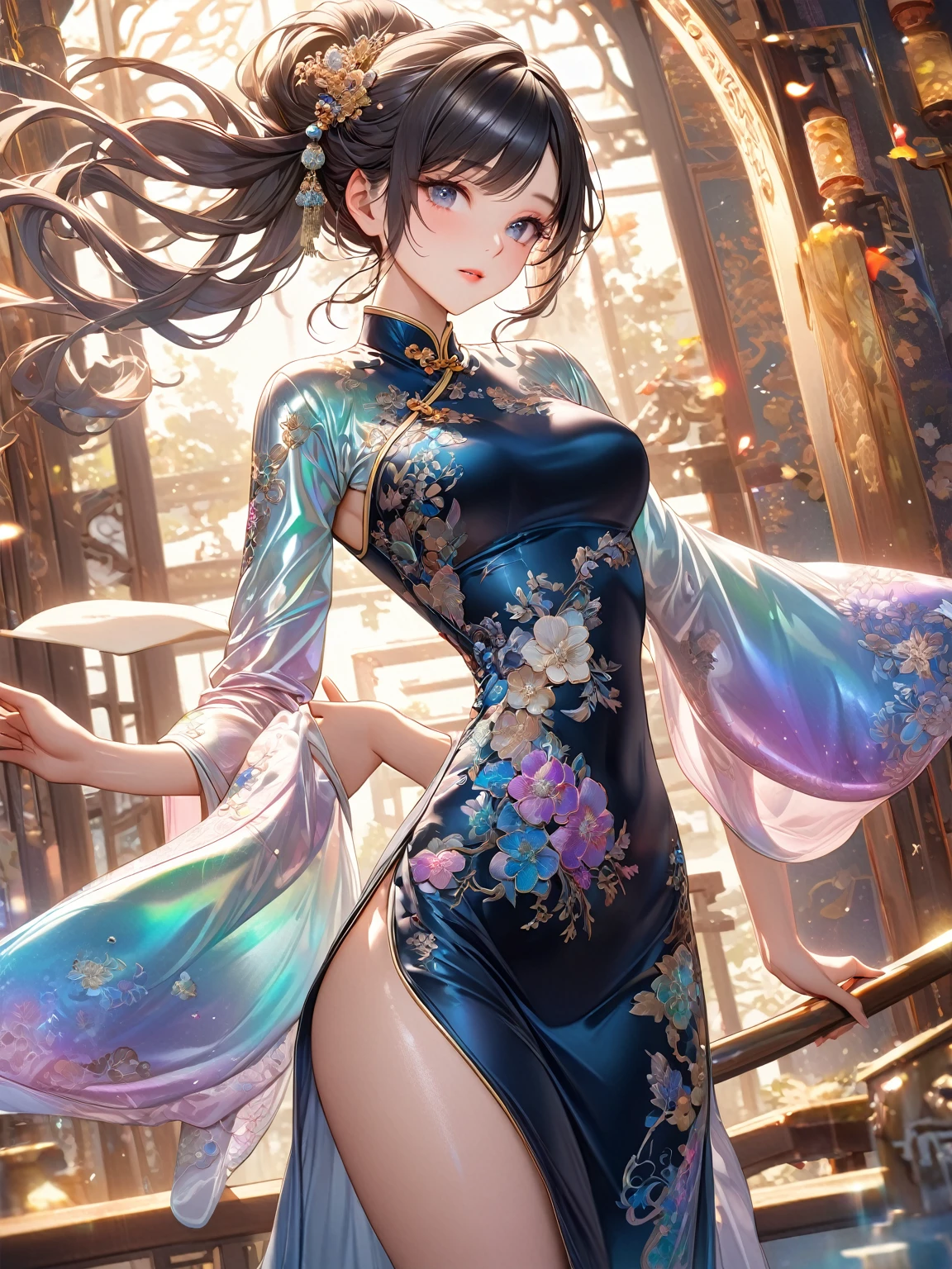 best quality, incredibly absurdres, extremely detailed, 2.5D, delicate and dynamic, beautiful woman, intelligent cool beauty, captivating look, tight up hair, wearing iridescent gradient sleeved cheongsam features intricate and luxurious embroidery, shiny satin fabric, accessories, superlative body proportion, gorgeous and gorgeous effects, background aristocratic social setting
