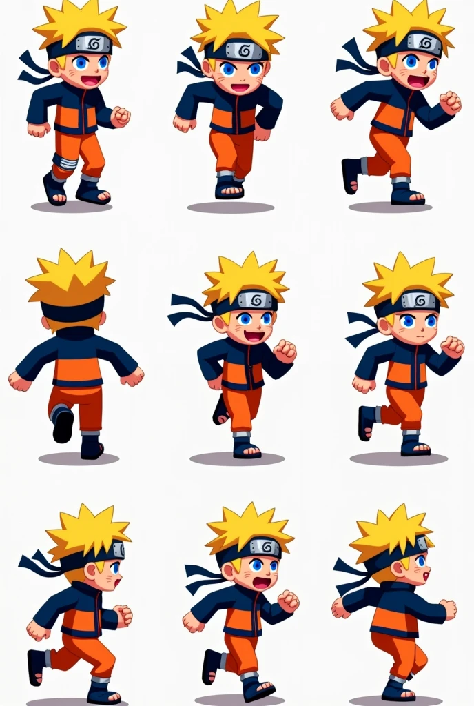 create pixel art sprites of the naruto character, 1 sprite standing in front, another standing on the back, another standing on the left and another standing on the right, 2 sprites running forward, 2 running backwards, 2 running to the right and 2 running to the left for tibia