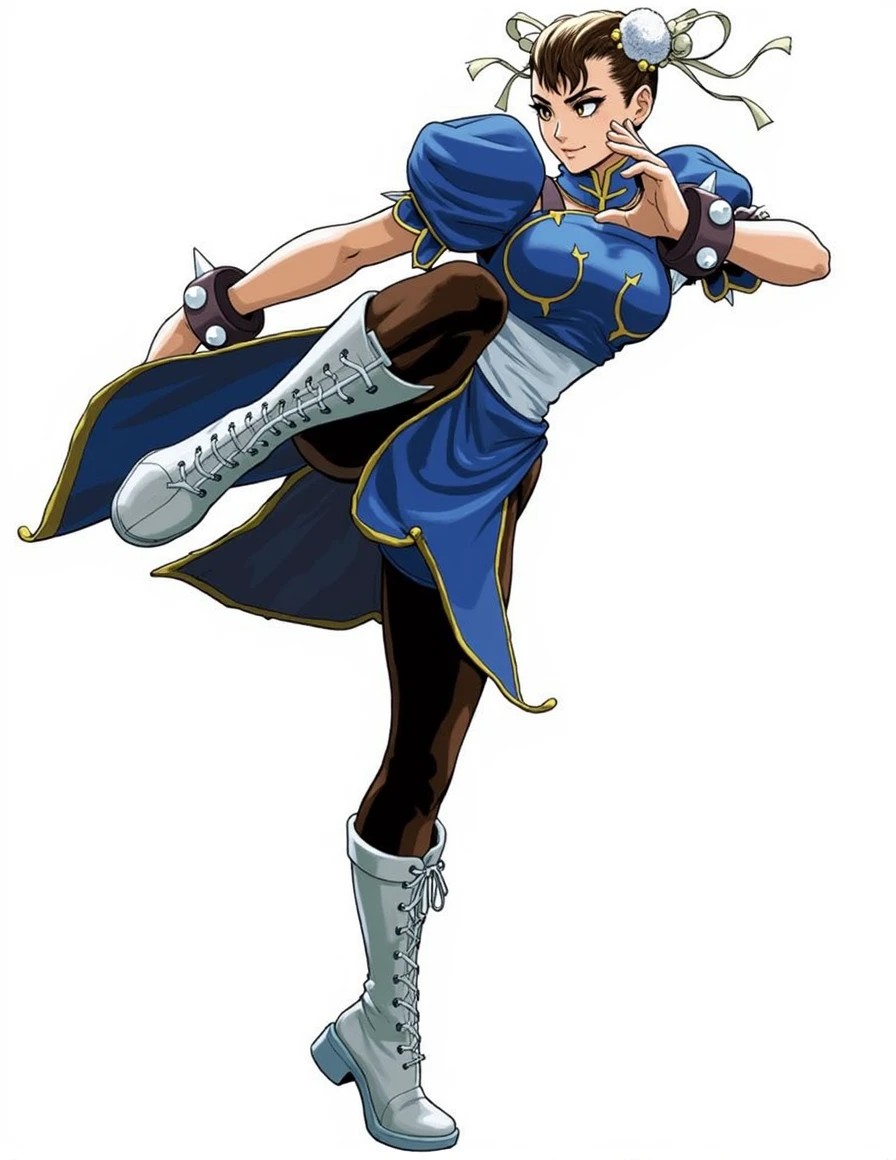 A movie poster depicting 1girl, a female fighter (Chun li a little chubby, cute smiling, huge eyes, (a bit curvy, small breasts, round ass, (short sized torso), medium mouth, very thick lips, almond-shaped eyes, chestnut hair, Gorgeous body, Beautiful large head and very symmetrical face. Very detailed clothing, street fighter, brown eyes, blue dress, ((pelvic curtain), (brown pantyhose), china dress), white cross-laced boots, bracelet, gold trim, jewelry, puffy sleeves, sash, short sleeves, side slit, spiked bracelet, spikes, double bun, hair accessories,cleavage, large nose, tan skin) in a folkloric chinese street, ((with the words "Street Fighter" written in large letters in the right side)), there's an old bicycle against the wall. Very detailed and intricate environment,