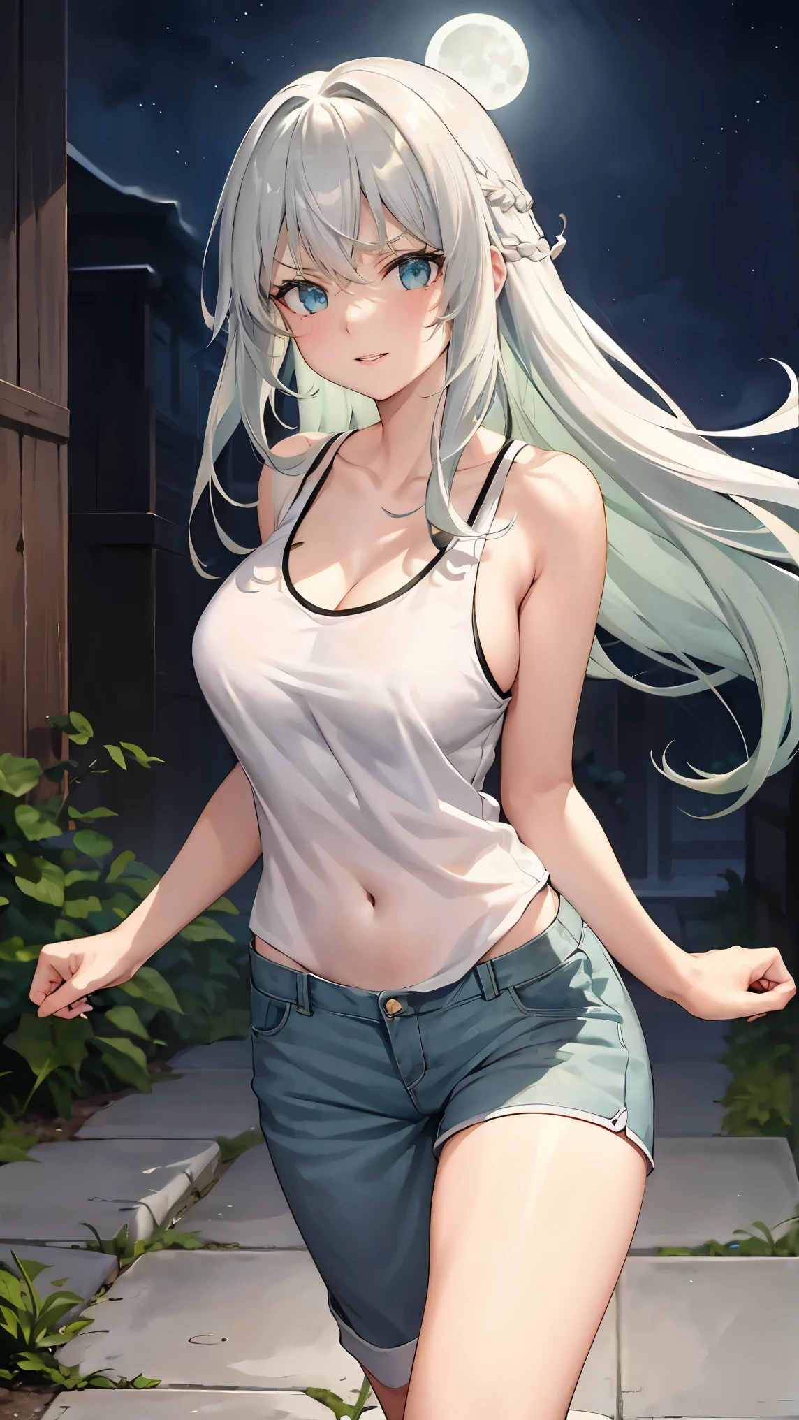 Long green hair,Inner color and white hair、 Beautifully shaped breasts with tension, Green Eyes, Moonlight、moonlight、、、,The whole body from head to toe、Proud expression、Older sister、Emotionally rich facial expressions、(Running through the air)、Crisp eyebrows、Sleeveless shirt、、Long pants with slits、Beauty under the moon