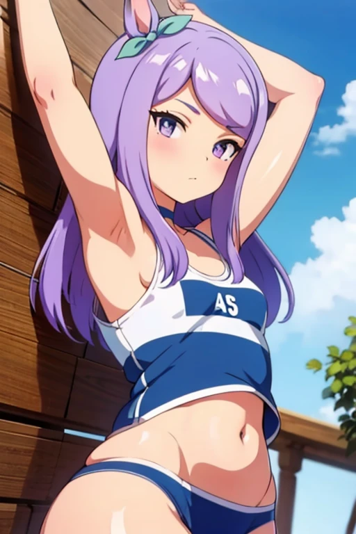 ((Small nipples))((sexly))((Horse Girl))((Mejiro McQueen))1girl, breasts, looking at viewer, blush,  bangs, navel, swimsuit, lying, on back, armpits, arms up, one-piece swimsuit, light brown hair, alternate breast size, white one-piece swimsuit, lactation, armpit hair　high resolution　Low - Angle