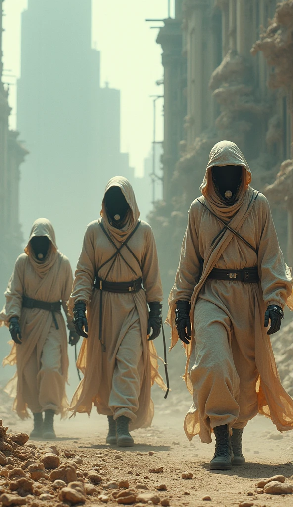 Cyberpunk strange group in dune punk robe and robots microscopic details, apocalyptic future, city destroyed, wide angles cinematic creature in the style professional HD sci-fi horror film production of Moebius, Simon Stålenhag, Kodak Ektar film, 35 mm photography, lighting Professional, deep aesthetic, contemporary art, dream-like surrealism.The movements are fluid and light, ultra detailed, realistic 4K