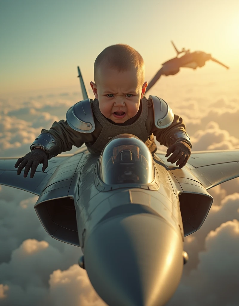A baby in armor with an angry facial expression was flying, throwing himself on a fighter plane until the fighter plane broke burned. The atmosphere in the sky (cinematic)