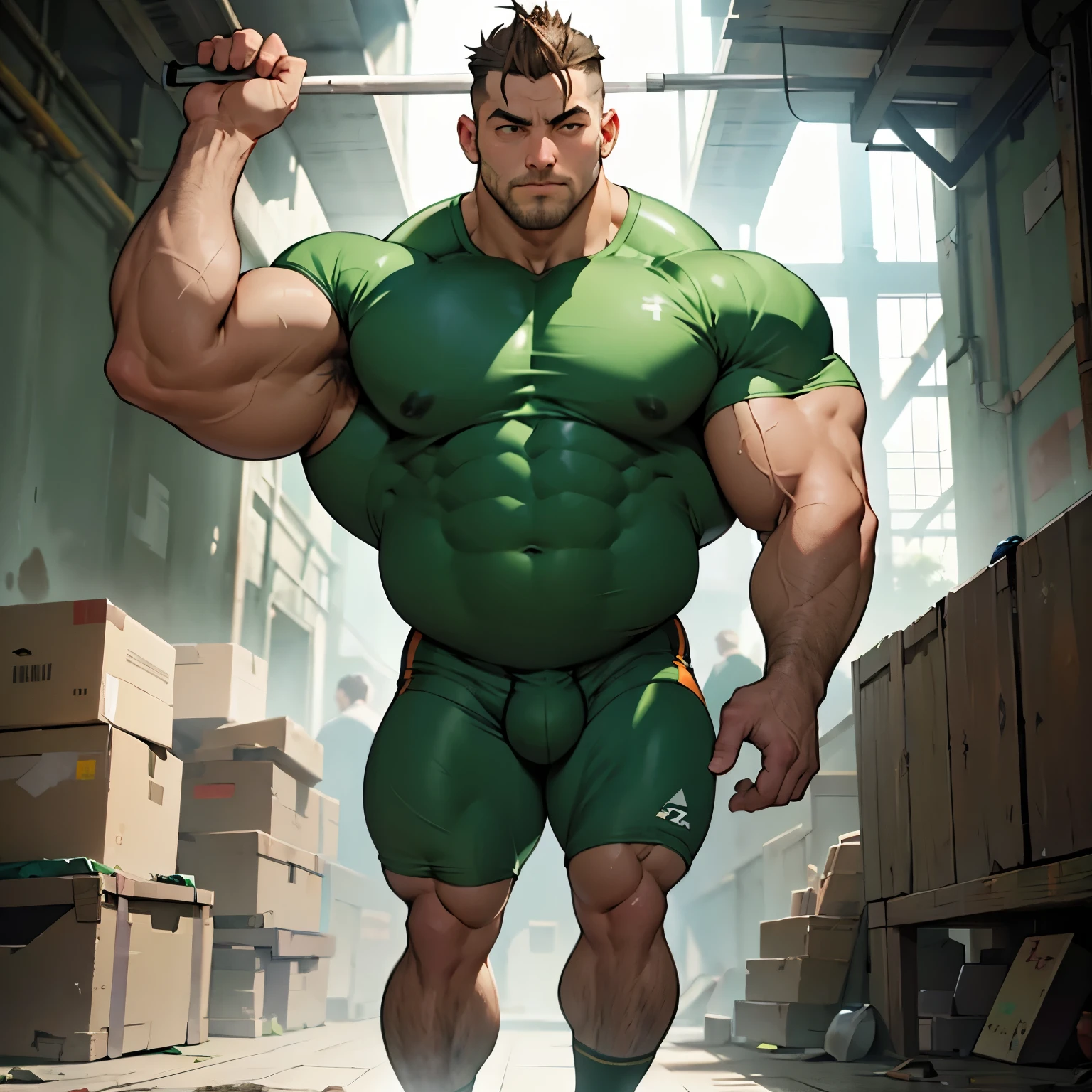 full view full body, A white bodybuilder male with undercut light-brown haircut,  is wearing a tight lycra dark-green shirt and dark-green lycra shorts, green lycra socks and white trainers , showing his over-Muscular arms up .he has enormous swollen pumped muscles and huge cannonball triple-biceps bigger than his head with enormous over-inflated pecs and extremely wide shoulders and back.. swallowed on the ground, frightened, badly beathen by a skinny poor 