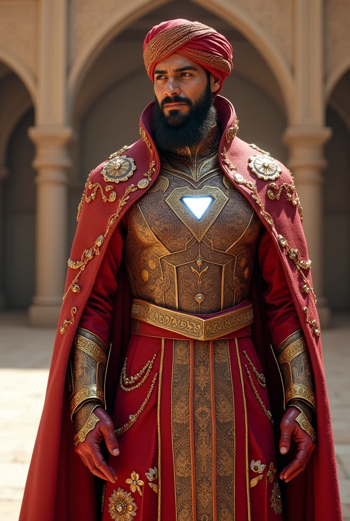 Create an image of Iron Man wearing a traditional Muslim suit, complete with a turban and intricate patterns. The suit should be a blend of Iron Man's iconic armor and the elegant, flowing style of traditional Muslim attire. Ensure the color palette combines the classic red and gold of Iron Man's suit with the rich, deep colors often seen in Muslim garments."