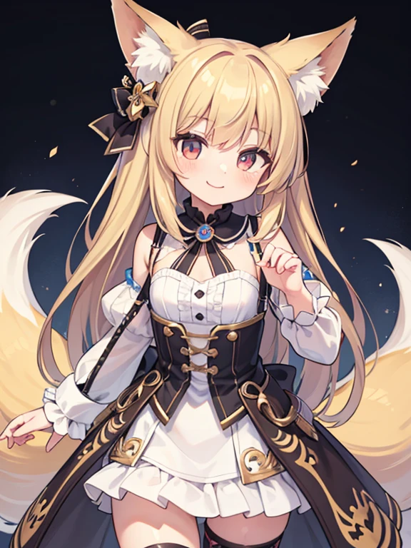 masterpiece, Highest quality, Very detailed, 16K, Ultra-high resolution, Cowboy Shot, One Girl, Detailed face, smile, Perfect Fingers, Fox&#39;s Tail,  Golden Eyes, blonde, Long Hair, Red kimono, in the forest, During a walk