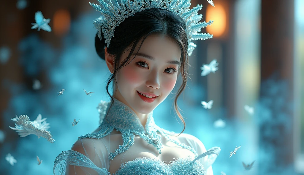 A beautiful Japanese woman wearing a dress with miniature trains running all over it, miniature trains circling around her tiara on her head, miniature trains running around her upper body's collar, with holographic trains, a holographic dress, looking at the viewer, with a smile 1.3, majestic, realistic, 4K