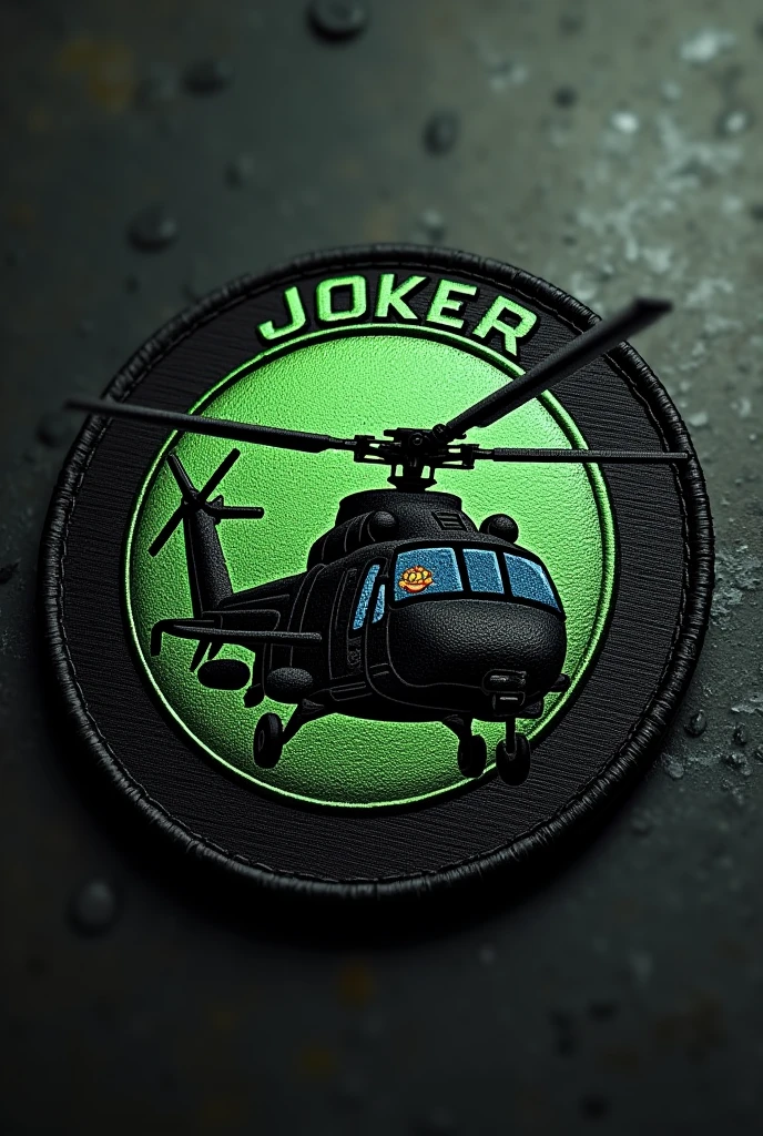 Combat Patch Description:
form: The patch has a circular shape, with a border or stripe surrounding it to give it a clean, defined finish.
Helicopter:
type: MH-6 ‘Little Bird’.
position: The helicopter is in a dynamic pose, leaning to one side as if maneuvering quickly, to highlight their agility and speed.
Color: Black predominates, with dark grey details to give it a stealthy look.
Details: Subtle shadows and highlights can be added to give a sense of volume and realism..
pilot:
night vision (NPA): The pilot wears night vision goggles that emit a green glow characteristic of night vision.. This green glow is an important detail and should be highlighted in the illustration..
face: Although the pilot's face is mostly hidden by the equipment, a subtle expression is suggested, like a smile, to evoke the name of combat "Joker".
Combat Name:
Text: "Joker" is placed on top of the patch, within the strip or border. The typography used should evoke cunning and mystery, with a touch of military style.
Integration: Name debe estar bien integrado con el diseño general, Possibly in an olive green or dark grey tone, to maintain consistency with the military style.
Style and Colors:
Color palette: dark colors, like black and olive green, they dominate the design, with bright green details to highlight the night vision theme.
military style: The entire design follows a military style., with clean lines and an aesthetic that reflects combat tactics.
bottom:
darkness: The background of the patch is dark, possibly a very deep shade of black or grey, to convey an atmosphere of stealth and night operations.
tactic: Subtle elements like shadows or a slight blur can add a sense of movement or action..
Embroider the Fringe:
upper part: Name "Joker" It is at the top of the edge.
Bottom: At the bottom of the edge,