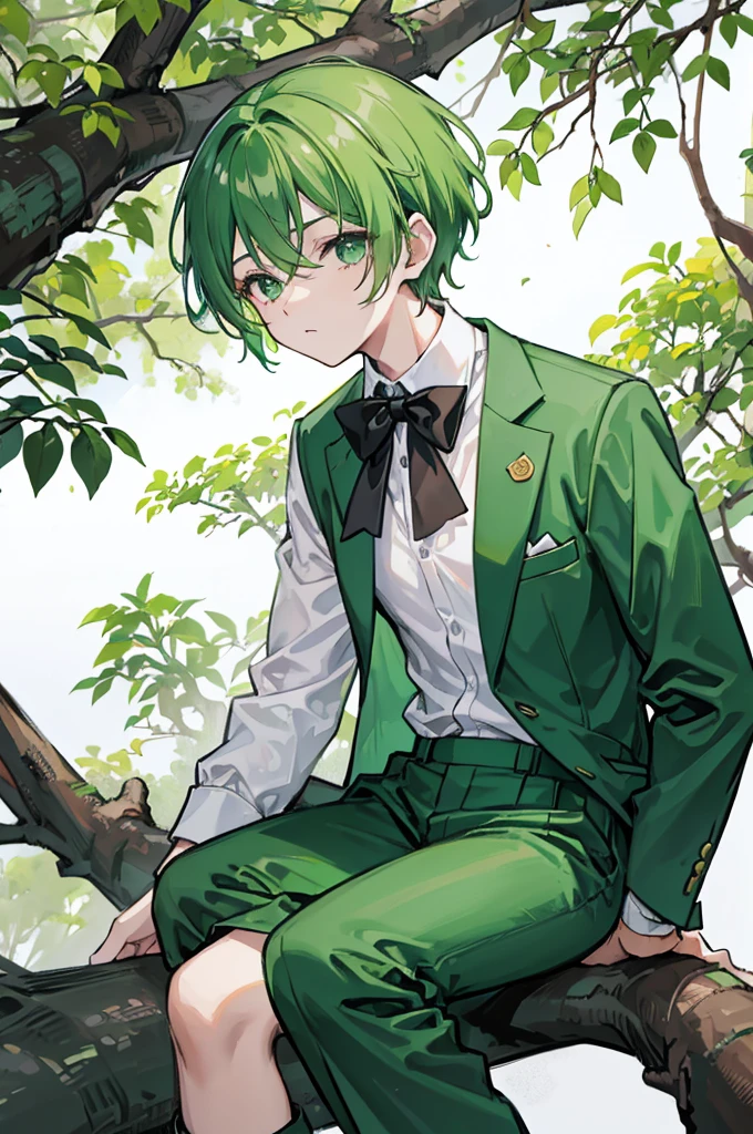 sitting on a high branch of a tree with green leaves、With short green hair、wearing a green suit jacket, a white shirt and black trousers.、He is wearing a black bow tie、Wearing brown boots、youth、