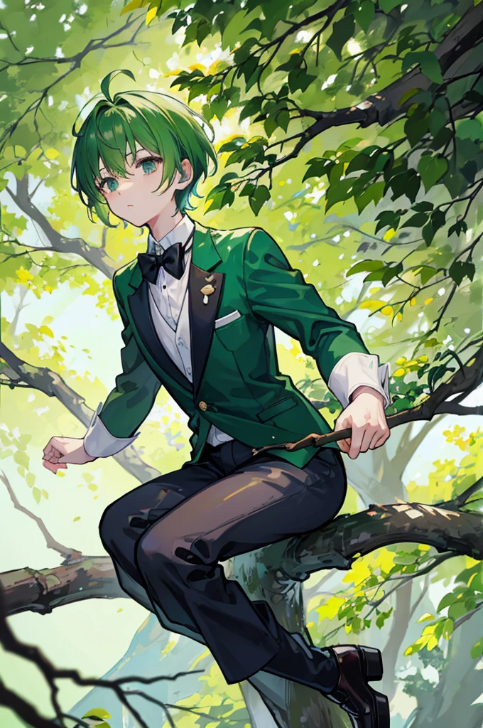 sitting on a high branch of a tree with green leaves、With short green hair、wearing a green suit jacket, a white shirt and black trousers.、He is wearing a black bow tie、Wearing brown boots、youth、