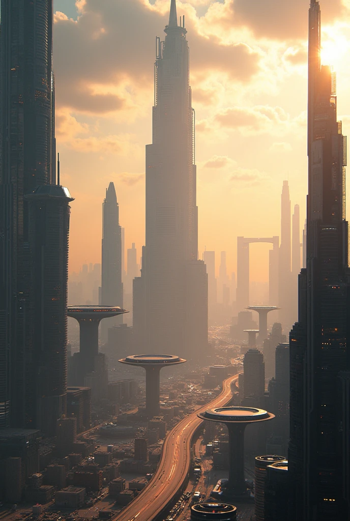 A city in the distance future,the year is 2154 AD.there are crepuscular clouds in the sky.8k image,hyper realistic