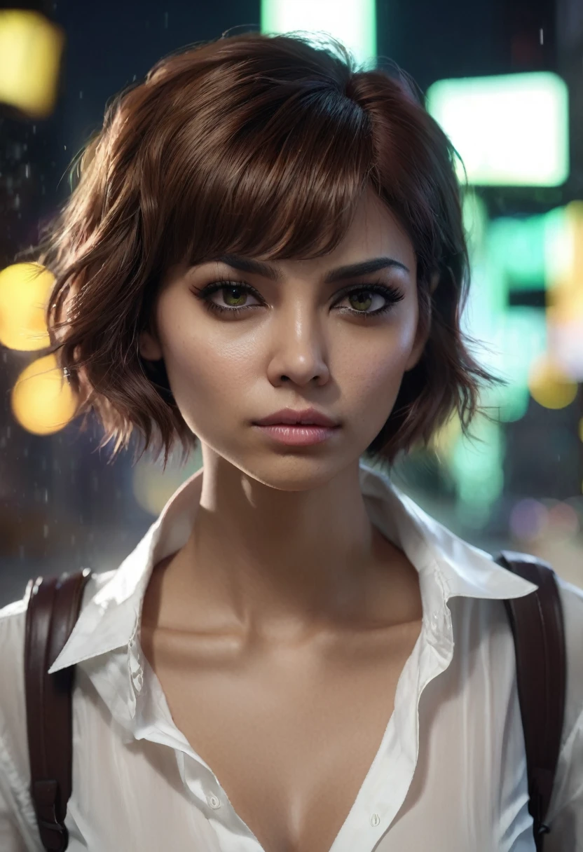 1 woman, inside a city at night, wearing a white blouse, female yellowish brown eyes, BROWN SKIN COLOR, brown and detailed skin, , short mint green hair, , dramatic lighting, cinematic composition, dark palette, dark colors, atmospheric fog, angry face, thin chin, serious face, soft face, beautiful woman, adult woman, ultra realistic, adult woman (best quality, 4K, 8K, high resolution, art: 1.2), ultra detailed (realistic, photorealistic, photorealistic: 1.37)