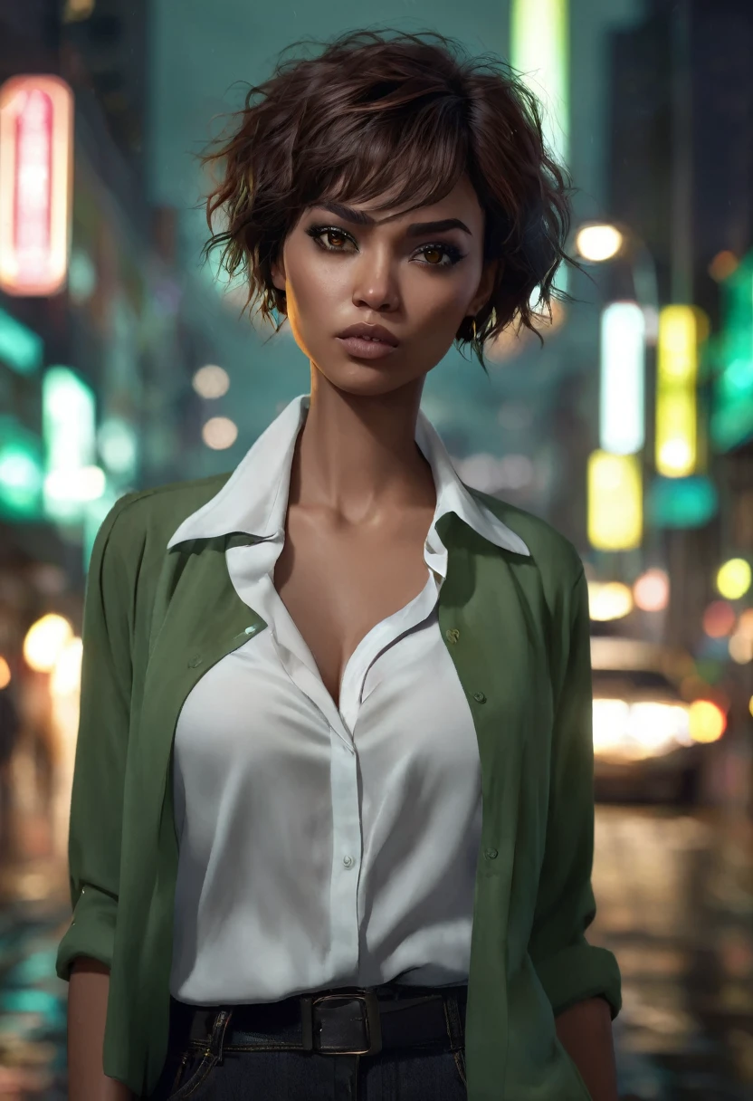 1 woman, inside a city at night, wearing a white blouse, female yellowish brown eyes, BROWN SKIN COLOR, brown and detailed skin, , short mint green hair, , dramatic lighting, cinematic composition, dark palette, dark colors, atmospheric fog, angry face, thin chin, serious face, soft face, beautiful woman, adult woman, ultra realistic, adult woman (best quality, 4K, 8K, high resolution, art: 1.2), ultra detailed (realistic, photorealistic, photorealistic: 1.37)