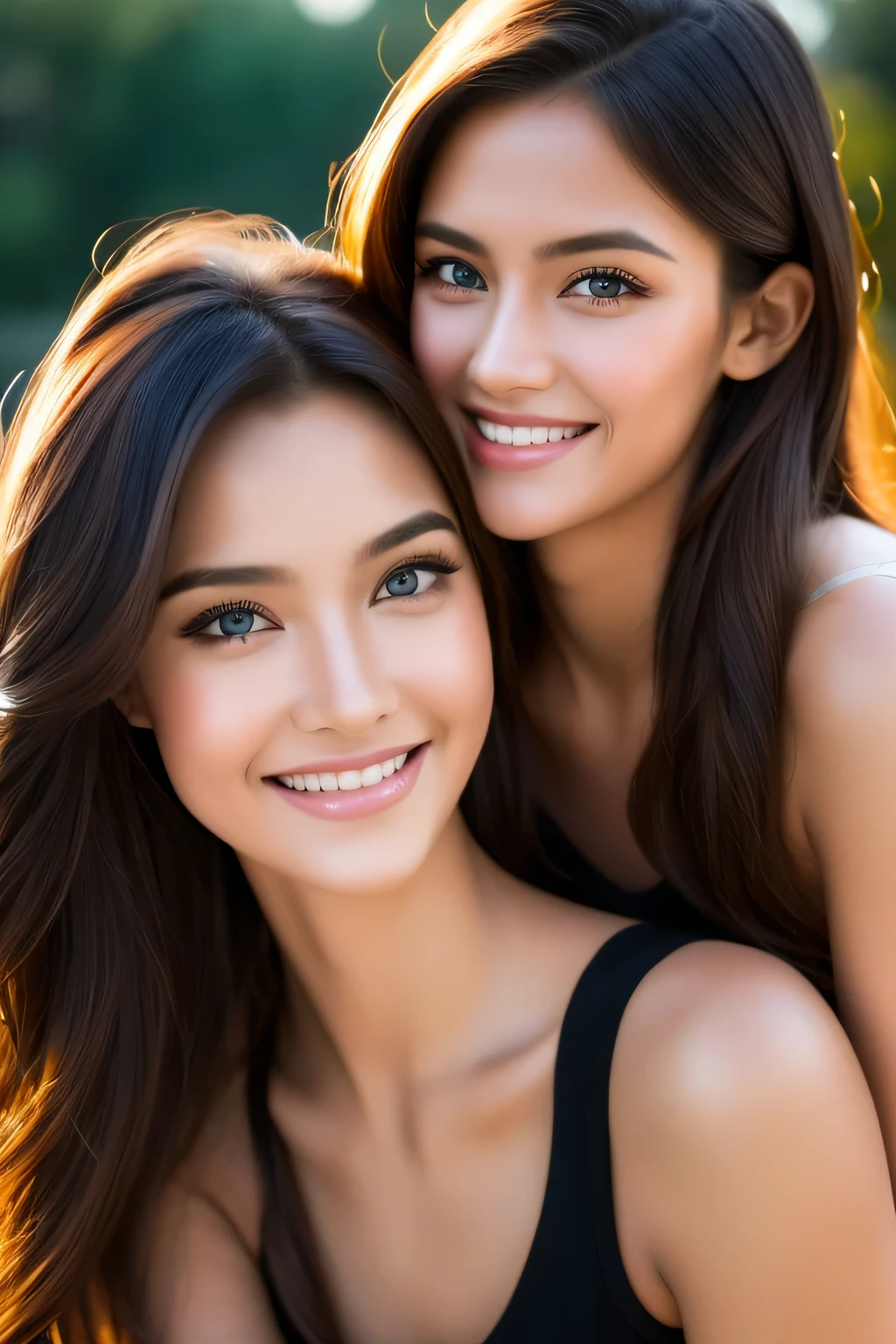Photorealistic:1.4), (Raw photo, 8k, best quality, masterpiece, high resolution), high detailed faces, medium shot portrait photo, (2girls:1.3), hugging, blonde one and second brunette posing for picture, model-shoot style, magazine cover photo style, professional photograph, highly detailed, (beautiful, hot, attractive), soft sensual lighting, hyperrealism, ultra realism, cinematic portrait, film grain, bokeh, evening shot, beatiful faces, (smile:0.4)