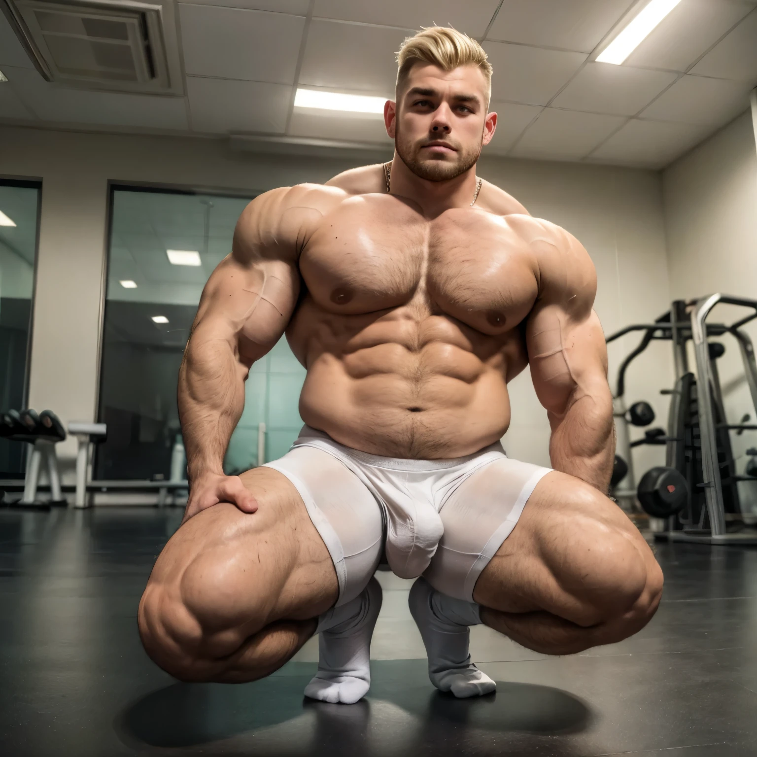 full view full body, Extreme bodybuilder stuffed with steroids Zorian Ruzanov, with platinum-blonde undercut haircut,flaunting hyper-inflated and excessively over-bloated muscles, wering white Lycra tight shorts, white lycra socks, golden rings, no shoes, does push-ups on the gym floor, his white lycra socks must be seen