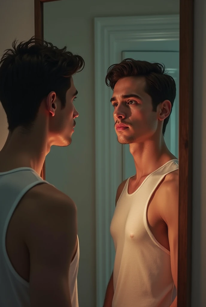 he looked at himself in the mirror but suddenly changed the mirror image Young man