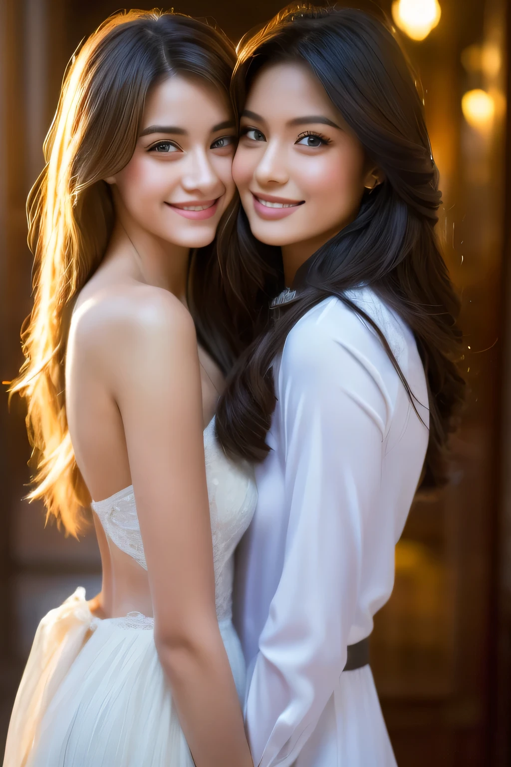 Photorealistic:1.4), (Raw photo, 8k, best quality, masterpiece, high resolution), high detailed faces, medium shot portrait photo, (2girls:1.3), hugging, blonde one and second brunette posing for picture, model-shoot style, magazine cover photo style, professional photograph, highly detailed, (beautiful, hot, attractive), soft sensual lighting, hyperrealism, ultra realism, cinematic portrait, film grain, bokeh, evening shot, beatiful faces, (smile:0.4)