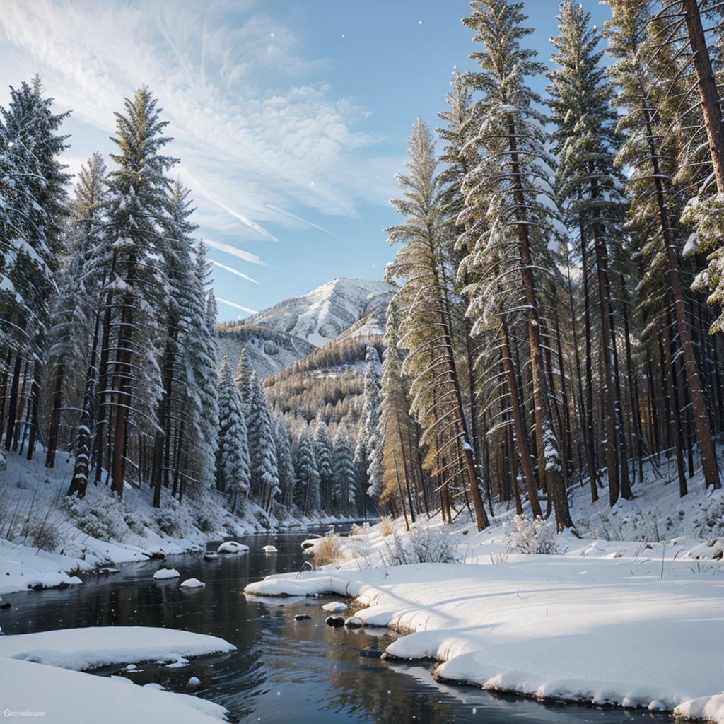 winter forest side river with snowfall