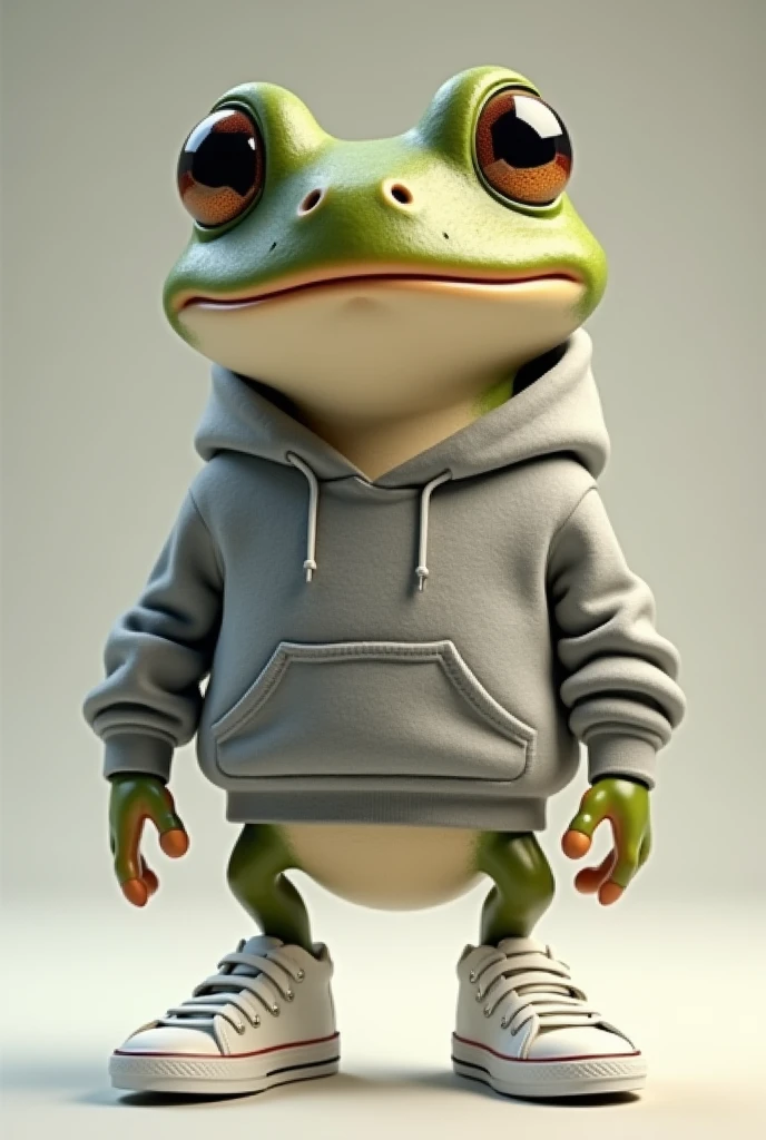 Animated toad with grey sweatshirt and white shoes