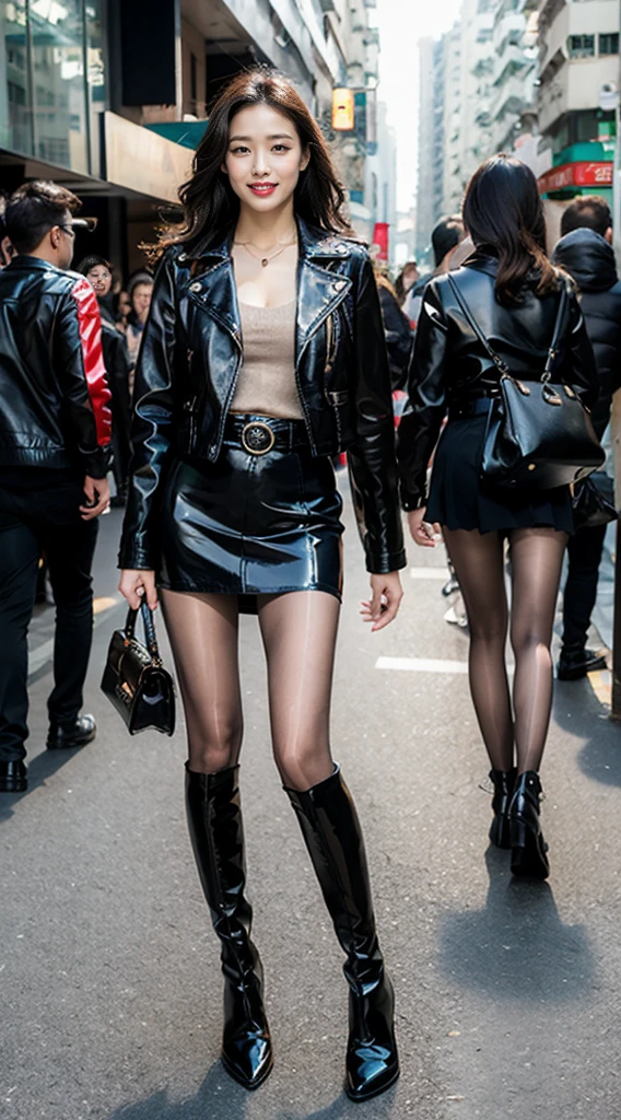 riders leather Jacket,knee high boots,very high gloss,leather mini skirt,high quality，high resolution，8k，Woman on the streets of Hong Kong，Holding a black Hermes bag，Black Hair，Wavy long curly hair，White silk shirt，Black tight skirt，Black leather belt，pantyhose，High heels，Vintage Port Style，Beautiful woman