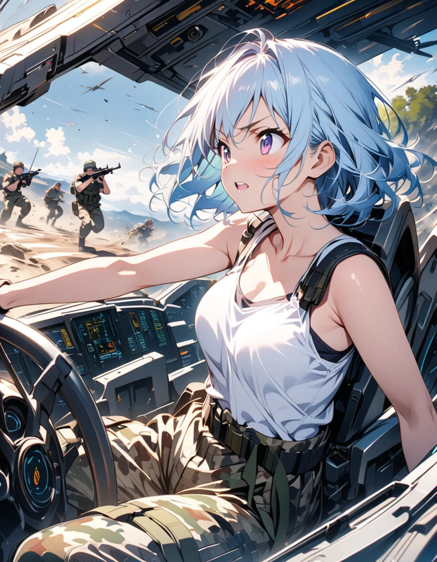 anime、Light blue hair、Near future、In the cockpit、White tank top､Camouflage trousers、In combat、beautiful girl