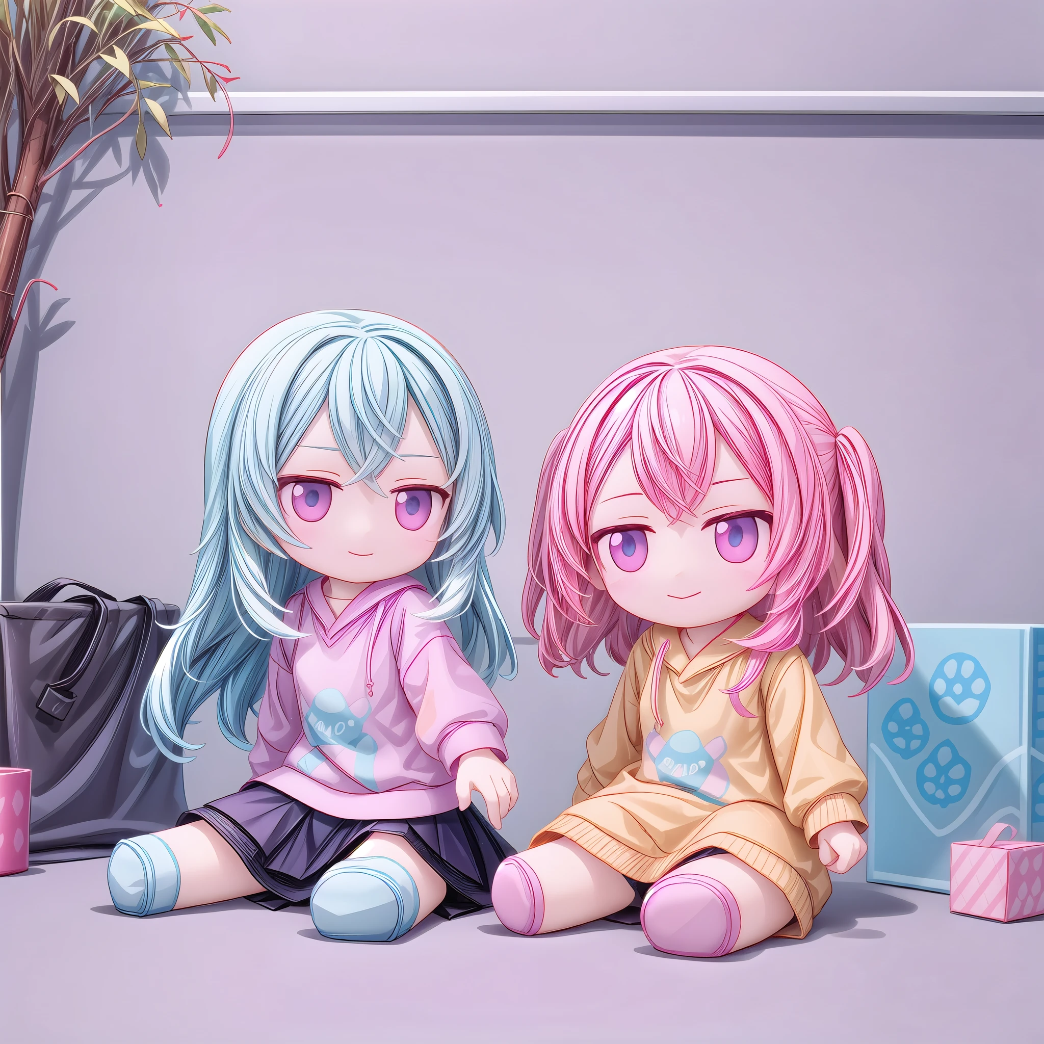 1，Light blue long hair，Pink Eyes，Pink sweatshirt，Sitting on the ground，Ragdolls，Corner